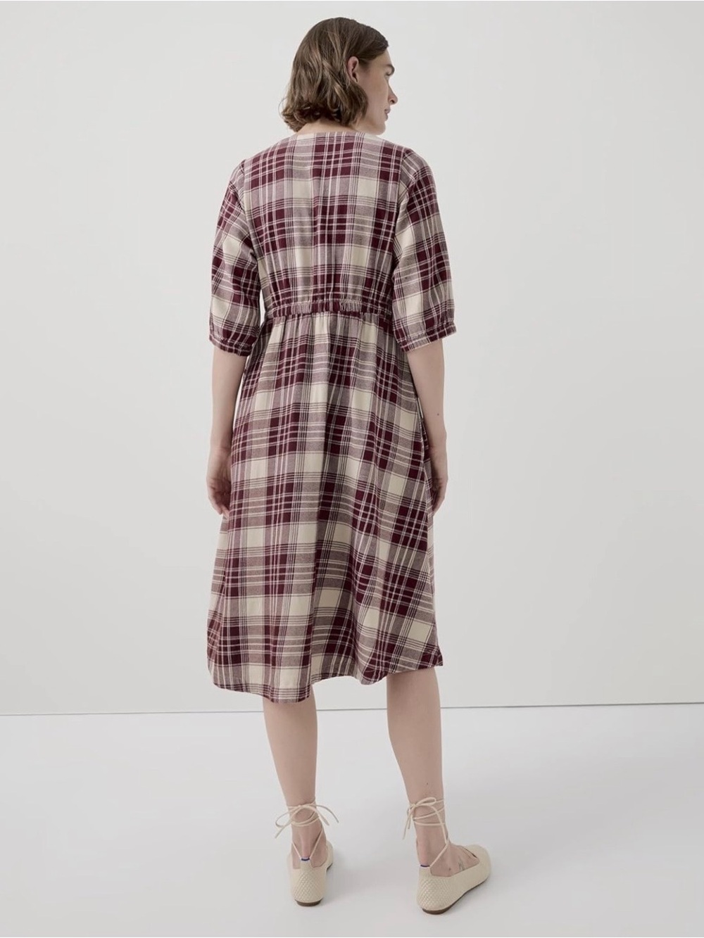NWT Pact 100% Organic Cotton Lightweight Plaid Flannel V-Neck Midi Dress Red L - Picture 3 of 8